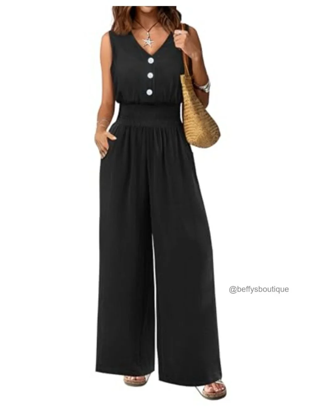 Sleeveless V Neck Wide Leg Jumpsuit with Pockets